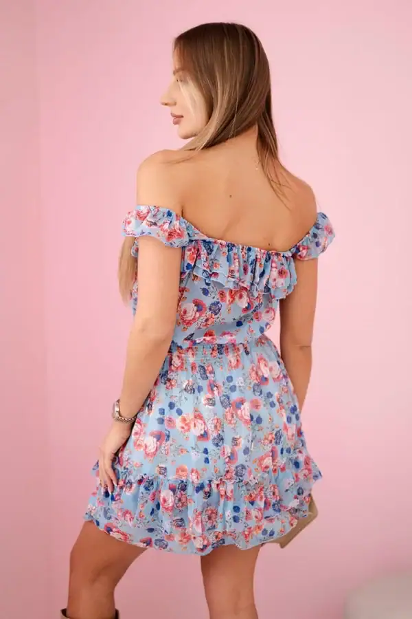 Trumpa išpaniško stiliaus gėlėta suknelė atvirais pečiais - spalvų pasirinkimas