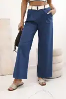 Moteriškos medvilninės kelnės su plačiomis klešnėmis ir diržu - tamsios džinsinės