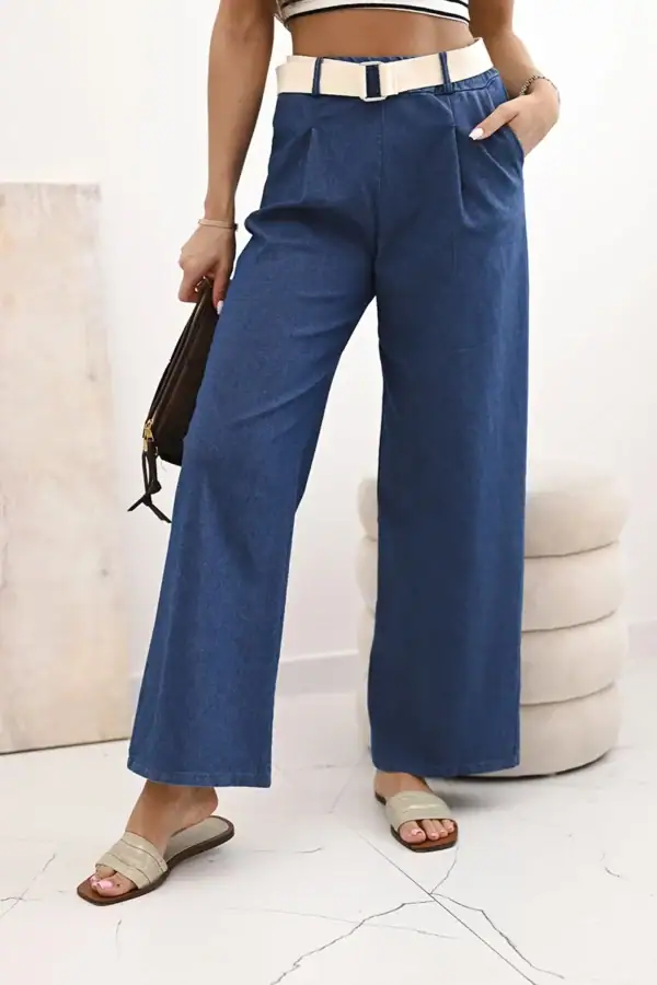 Moteriškos medvilninės kelnės su plačiomis klešnėmis ir diržu - tamsios džinsinės