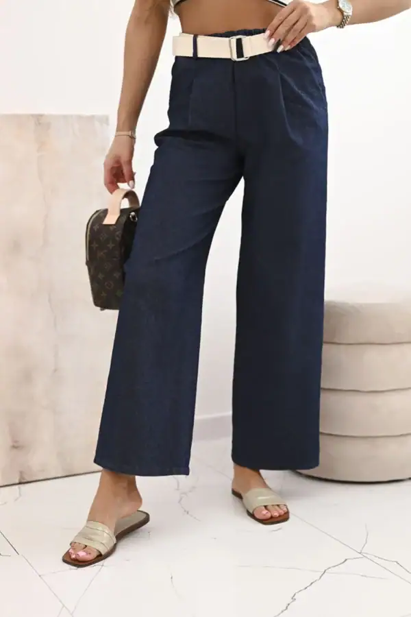 Moteriškos medvilninės kelnės su plačiomis klešnėmis ir diržu - tamsios džinsinės