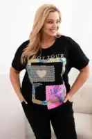 Plus Size marškinėliai su auksiniu užrašu - juoda