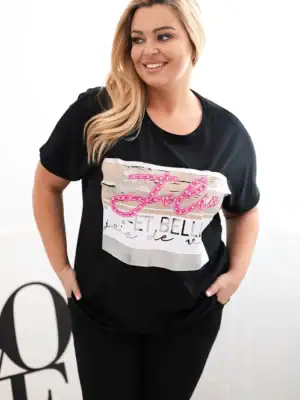 Plus Size marškinėliai su blizgučių užrašu - juoda